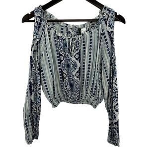Divided By H&M Cold Shoulder Crop Blouse Size 6 Blue White Bohemian Hippie Y2K